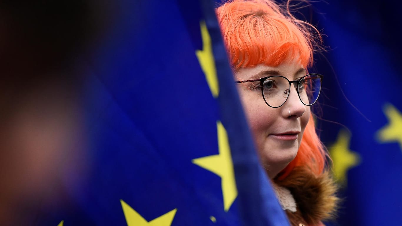 A protester stands among European Union flags outside the Houses of Parliament, after Prime Minister Theresa May's Brexit deal was rejected, in London