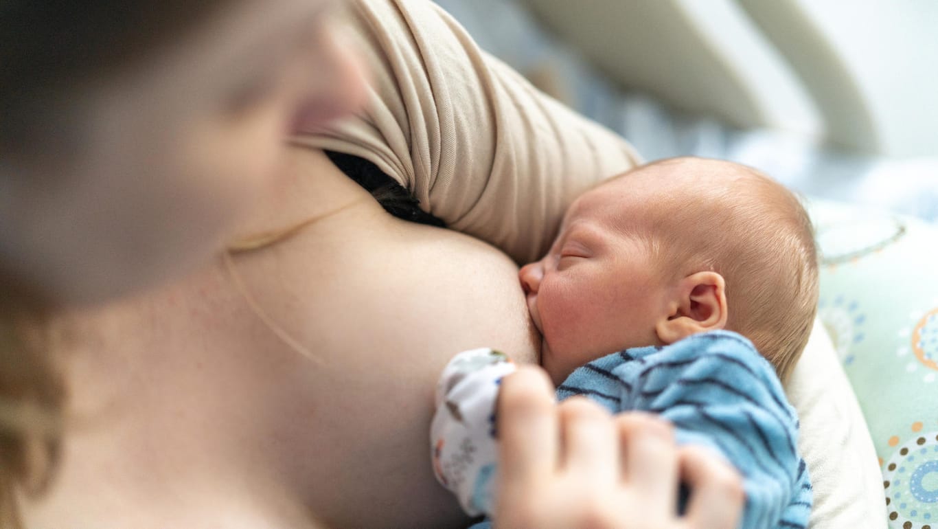 Mutter stillt Kind: Muttermilch senkt das Risiko einer Infektion mit Bovine Meat and Milk Factors (BMMF).