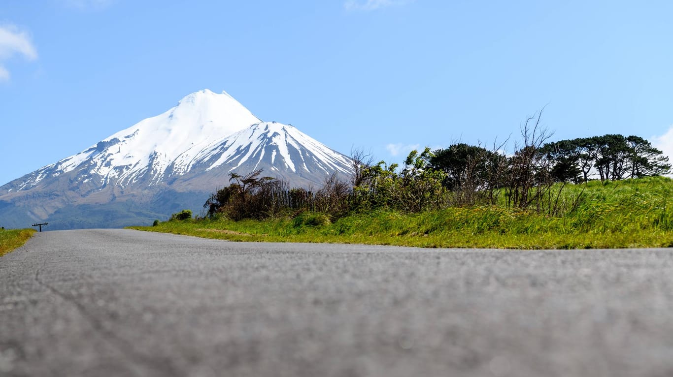 Straße zum Mount Taranaki in Neuseeland: Alleinreisende schließen sich in Neuseeland oft für Roadtrips zusammen.
