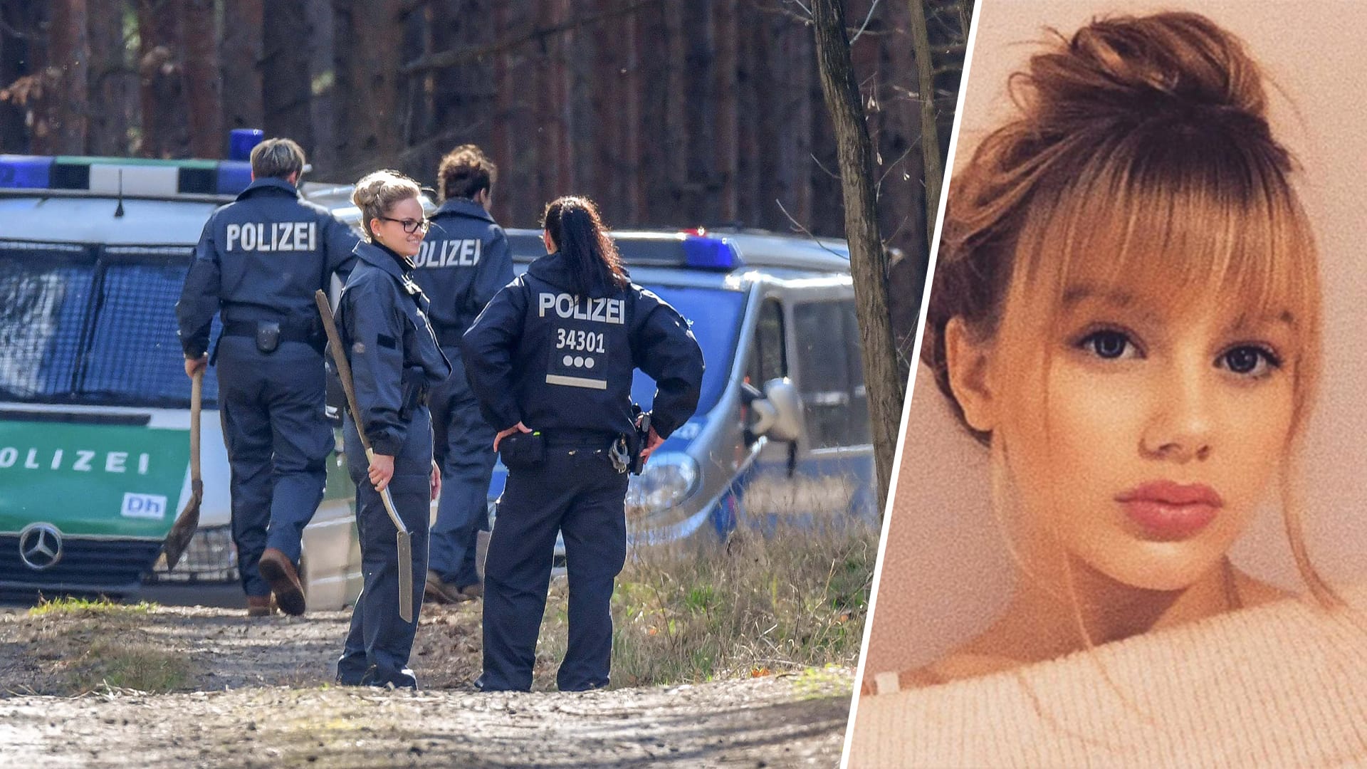 Einsatzkräfte der Polizei stehen an dem Waldstück bei Kummersdorf: Auf der Suche nach Rebecca geht die Polizei einem konkreten Hinweis nach.