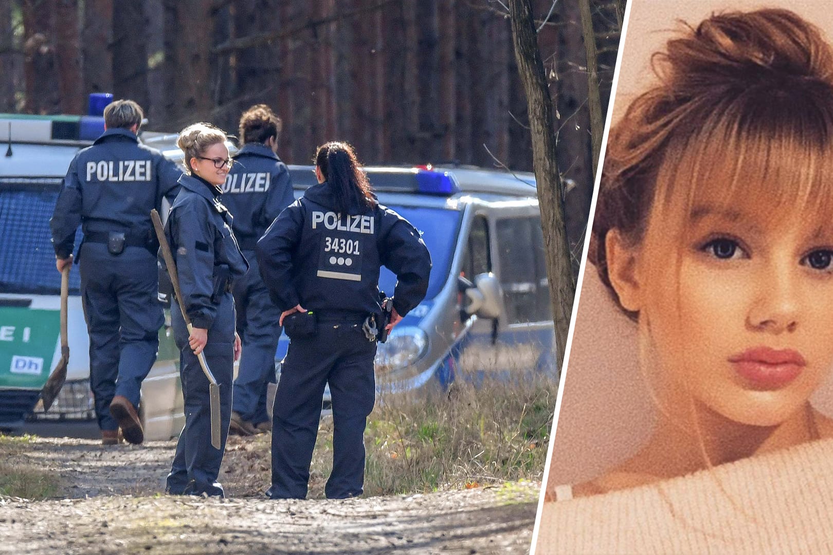 Einsatzkräfte der Polizei stehen an dem Waldstück bei Kummersdorf: Auf der Suche nach Rebecca geht die Polizei einem konkreten Hinweis nach.