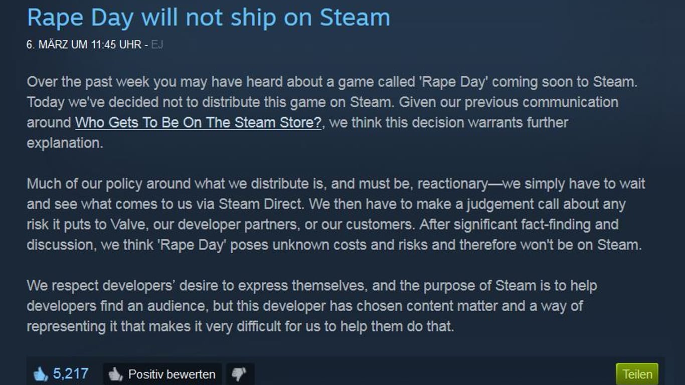 Die Erklärung von Valve, dem Betreiber von "Steam".