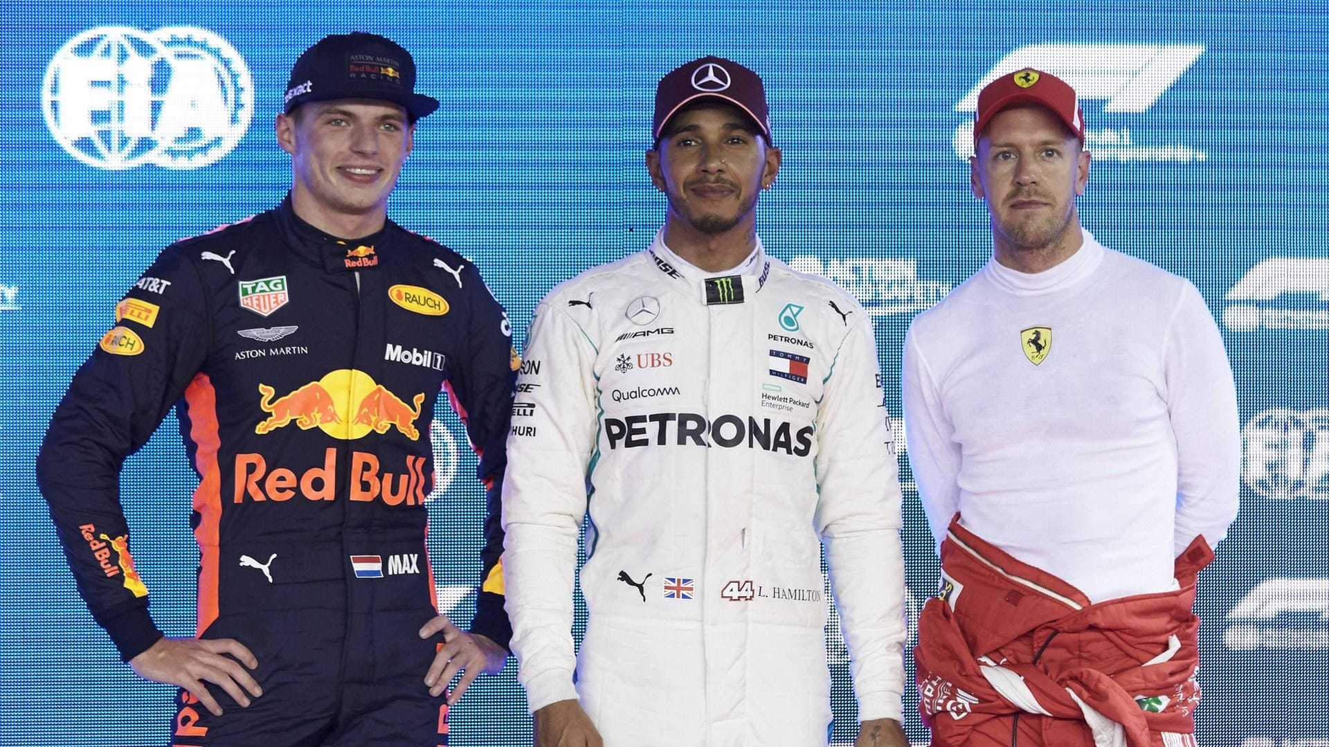 Die drei Top-Favoriten auf den WM-Titel: (von links) Max Verstappen (Red Bull Racing), Titelverteidiger Lewis Hamilton (Mercedes) und Sebastian Vettel (Ferrari).