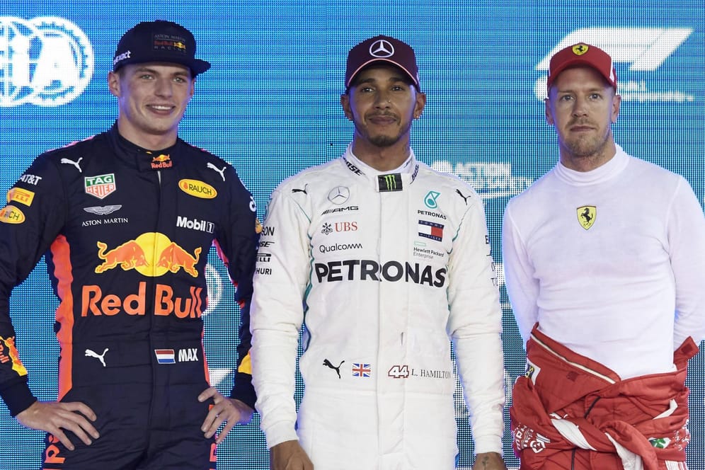 Die drei Top-Favoriten auf den WM-Titel: (von links) Max Verstappen (Red Bull Racing), Titelverteidiger Lewis Hamilton (Mercedes) und Sebastian Vettel (Ferrari).