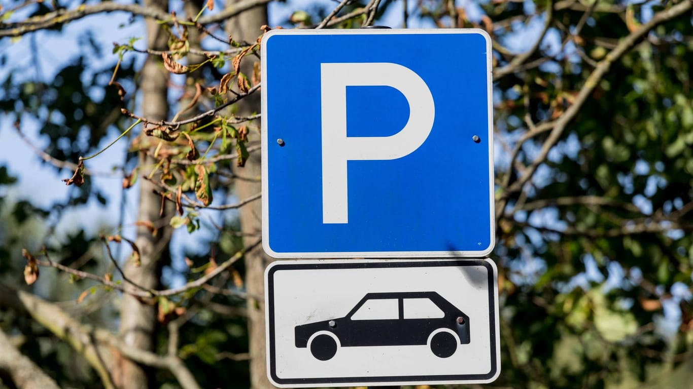 Weißes P auf blauem Grund, darunter ein Zusatzschild: Hier dürfen Autos parken. auf einen PKW Parkplatz hin Bes