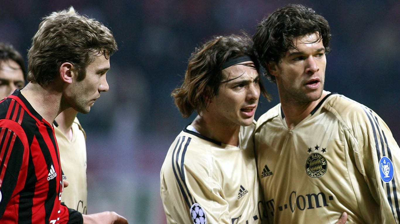Scheiterten 2006 im Achtelfinale gegen den AC Mailand: Die Bayern mit seinen Akteuren Michael Ballack (re.) und Claudio Pizarro (mi.).