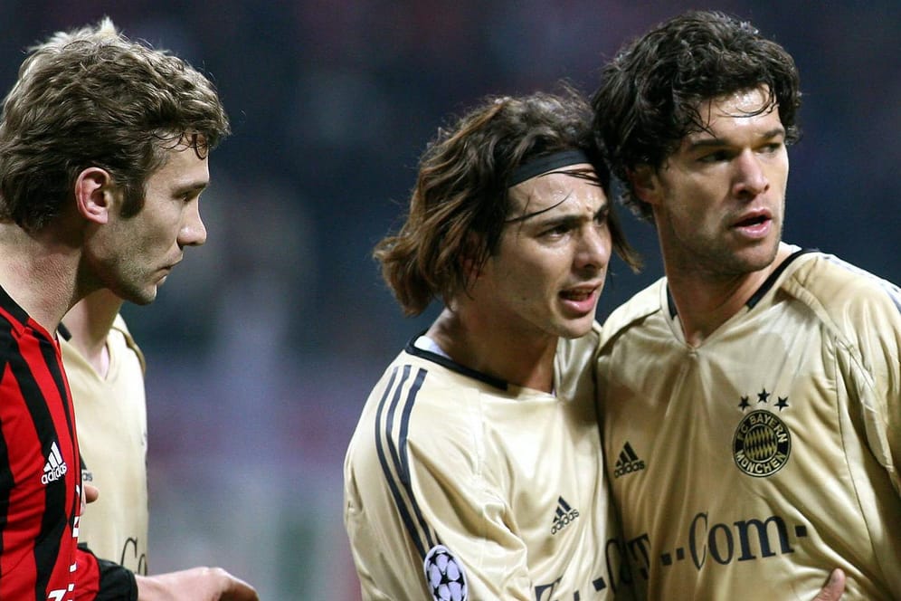 Scheiterten 2006 im Achtelfinale gegen den AC Mailand: Die Bayern mit seinen Akteuren Michael Ballack (re.) und Claudio Pizarro (mi.).