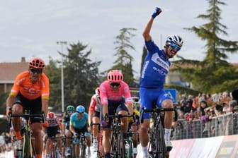 Julian Alaphilippe (r) aus Frankreich jubelt über seinen Sieg.