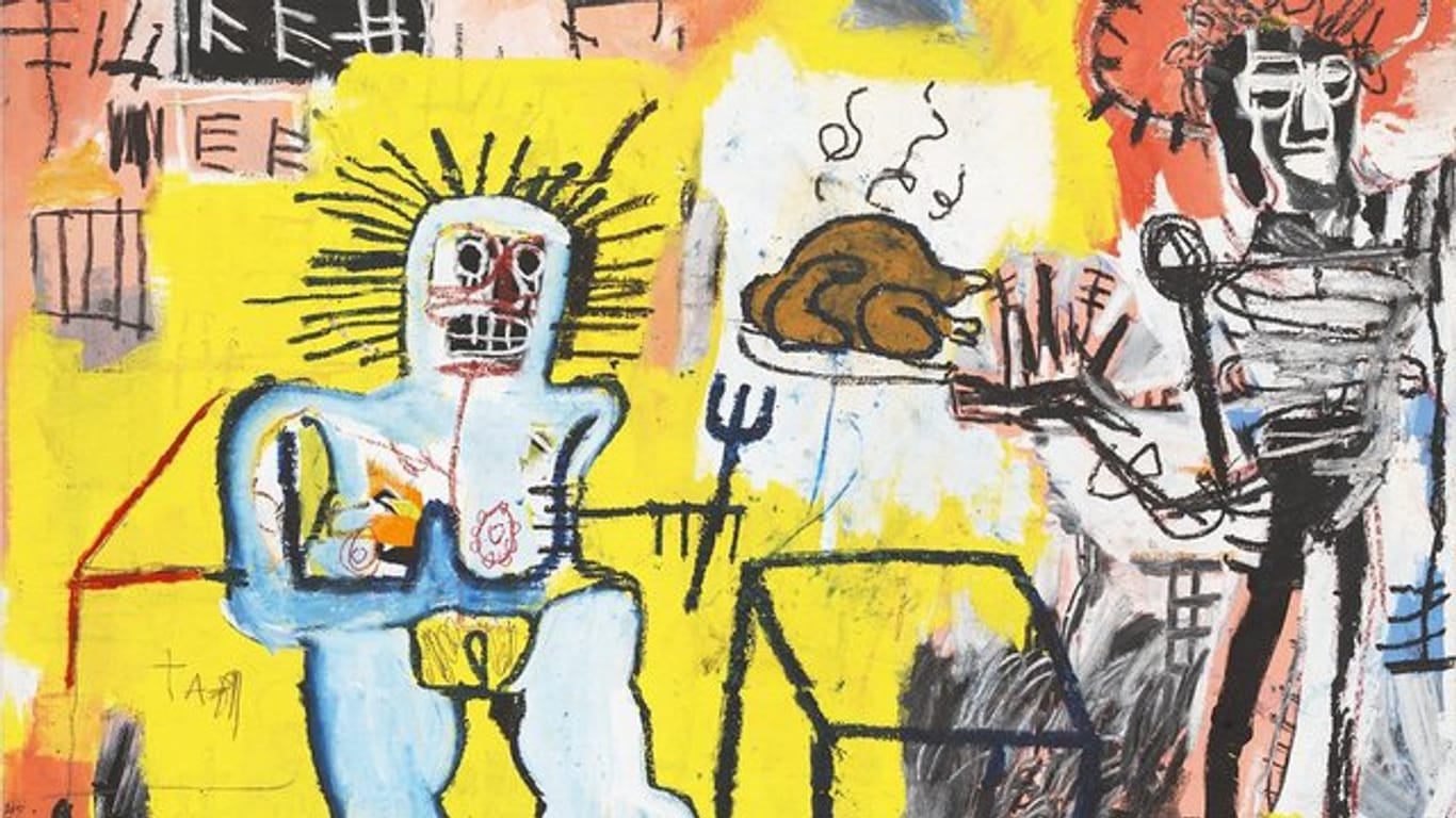 "Arroz con Pollo" (1981) des Künstlers Jean-Michel Basquiat, ist eines der Werke, die im Rahmen der Basquiat-Retrospektive in der Brant Foundation in New York zu sehen sind.