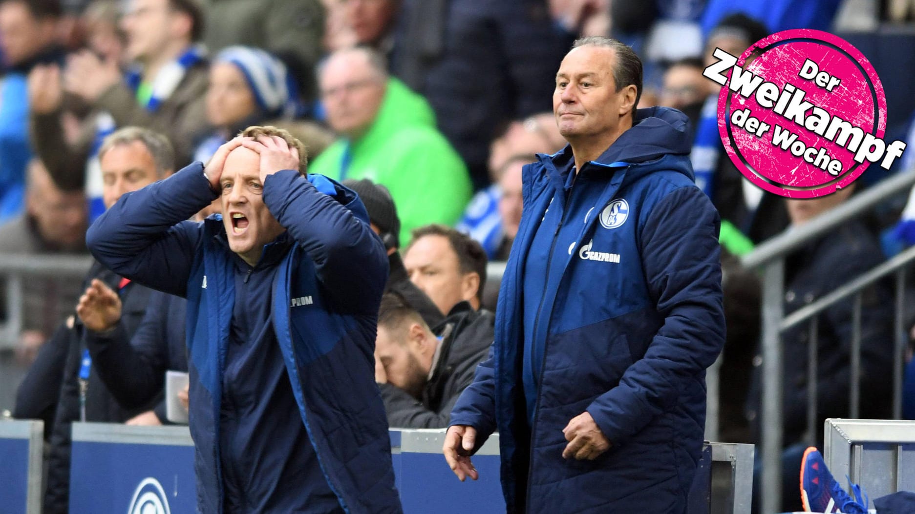 Co-Trainer Mike Büskens und Cheftrainer Huub Stevens beim 0:1 gegen RB Leipzig.