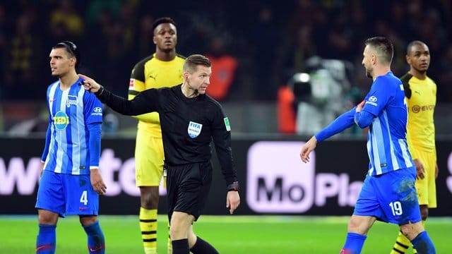 Schiedsrichter Tobias Welz (M) hat Vedad Ibisevic (r) einen Platzverweis erteilt. Schiedsrichter Tobias Welz (M) hat Vedad Ibisevic (r) einen Platzverweis erteilt.