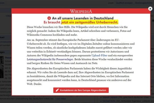 Vorschalt-Seite der freien Internet-Enzyklopädie Wikipedia, auf der zum Protest gegen die geplante Reform des europäischen Urheberrechts aufgerufen wird.