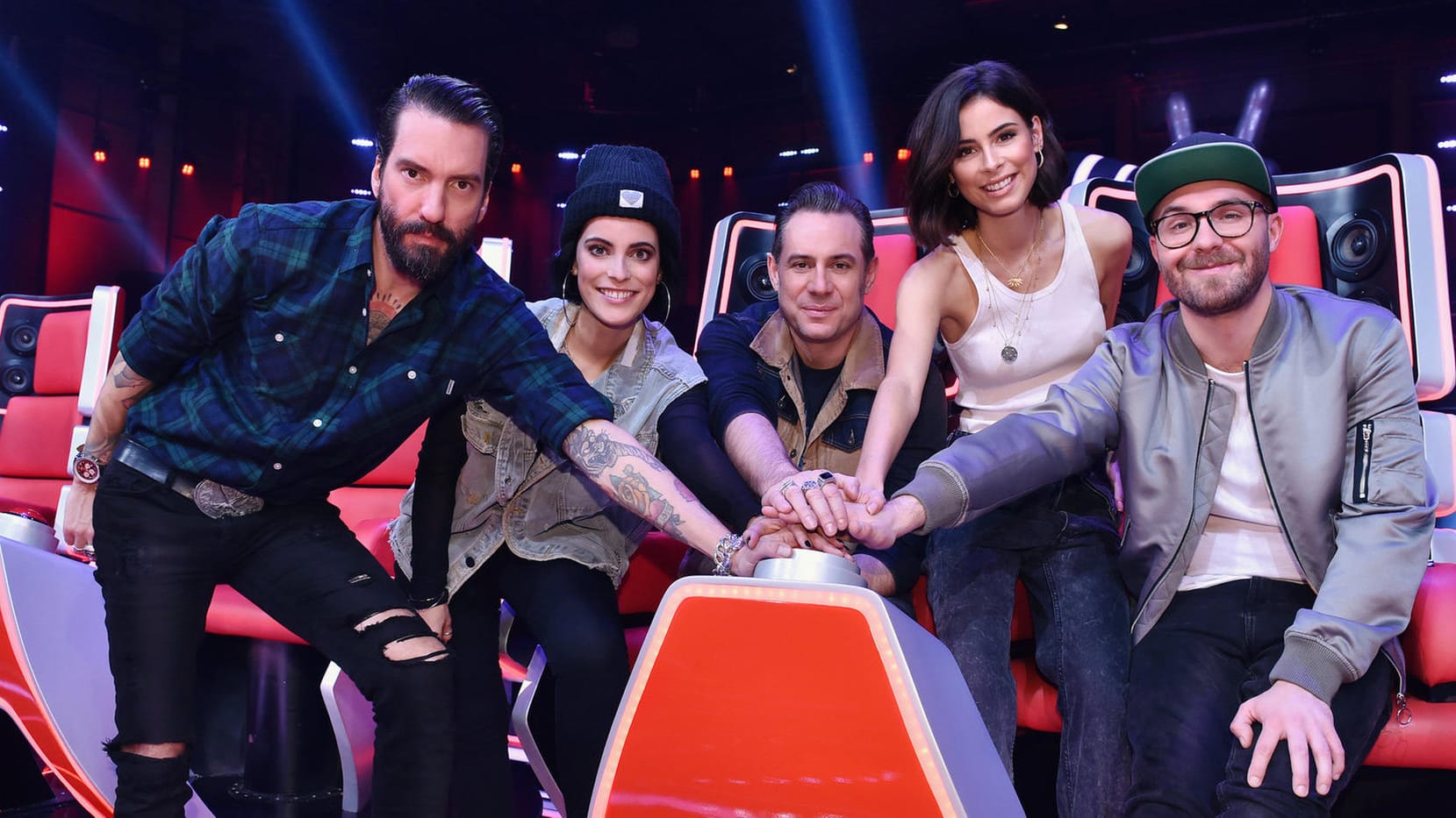 Die Coaches: Alec Völkel, Stefanie Kloß, Sasha Vollmer, Lena Meyer-Landrut und Mark Forster.