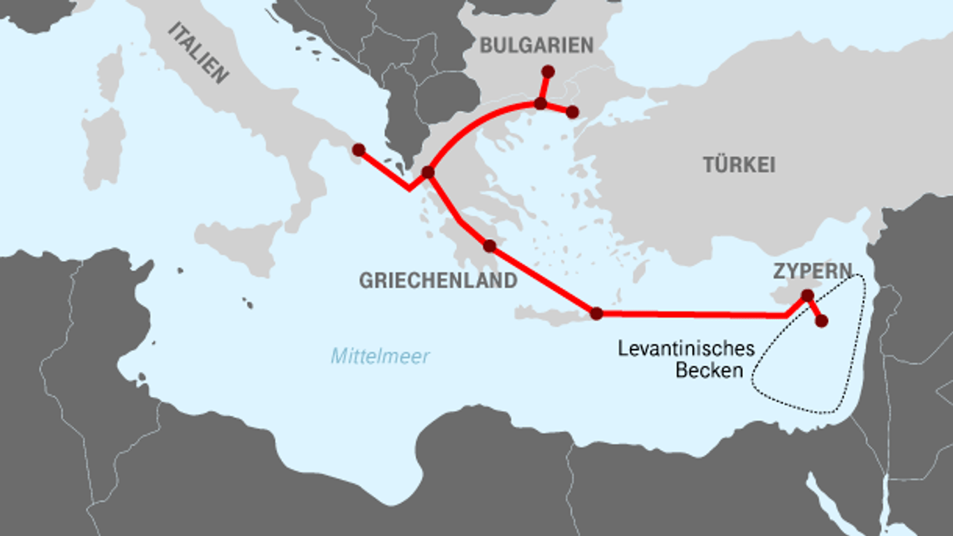 Auch Europa und Israel wollen am Gas verdienen: Die Pipeline Eastmed soll Gas aus dem östlichen Mittelmeer über Zypern und Griechenland in die EU bringen.