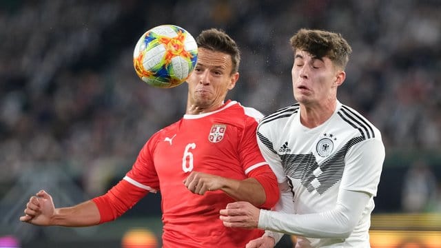 Kai Havertz (r) und Nemanja Maksimovic kämpfen um den Ball.