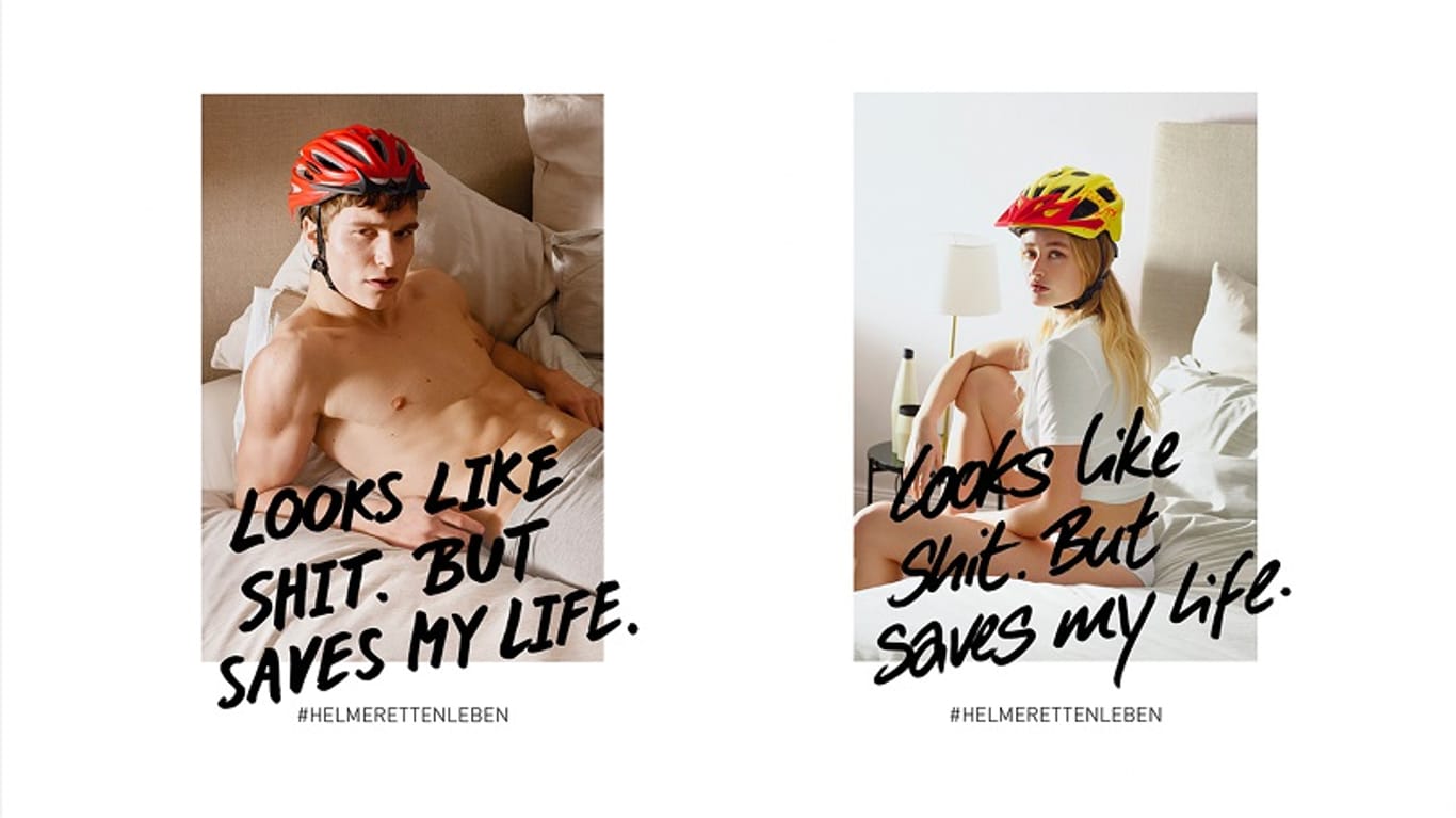 Die Kampagne "Look like shit. But saves my life": Models posieren mit Unterwäsche und einem Fahrradhelm.