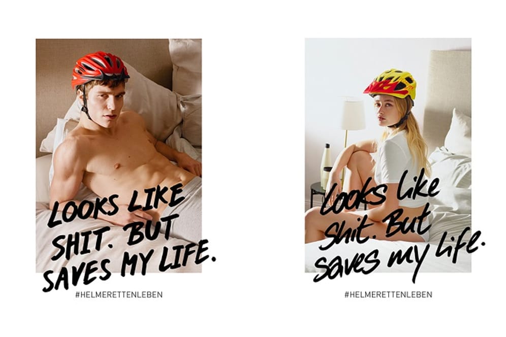 Die Kampagne "Look like shit. But saves my life": Models posieren mit Unterwäsche und einem Fahrradhelm.