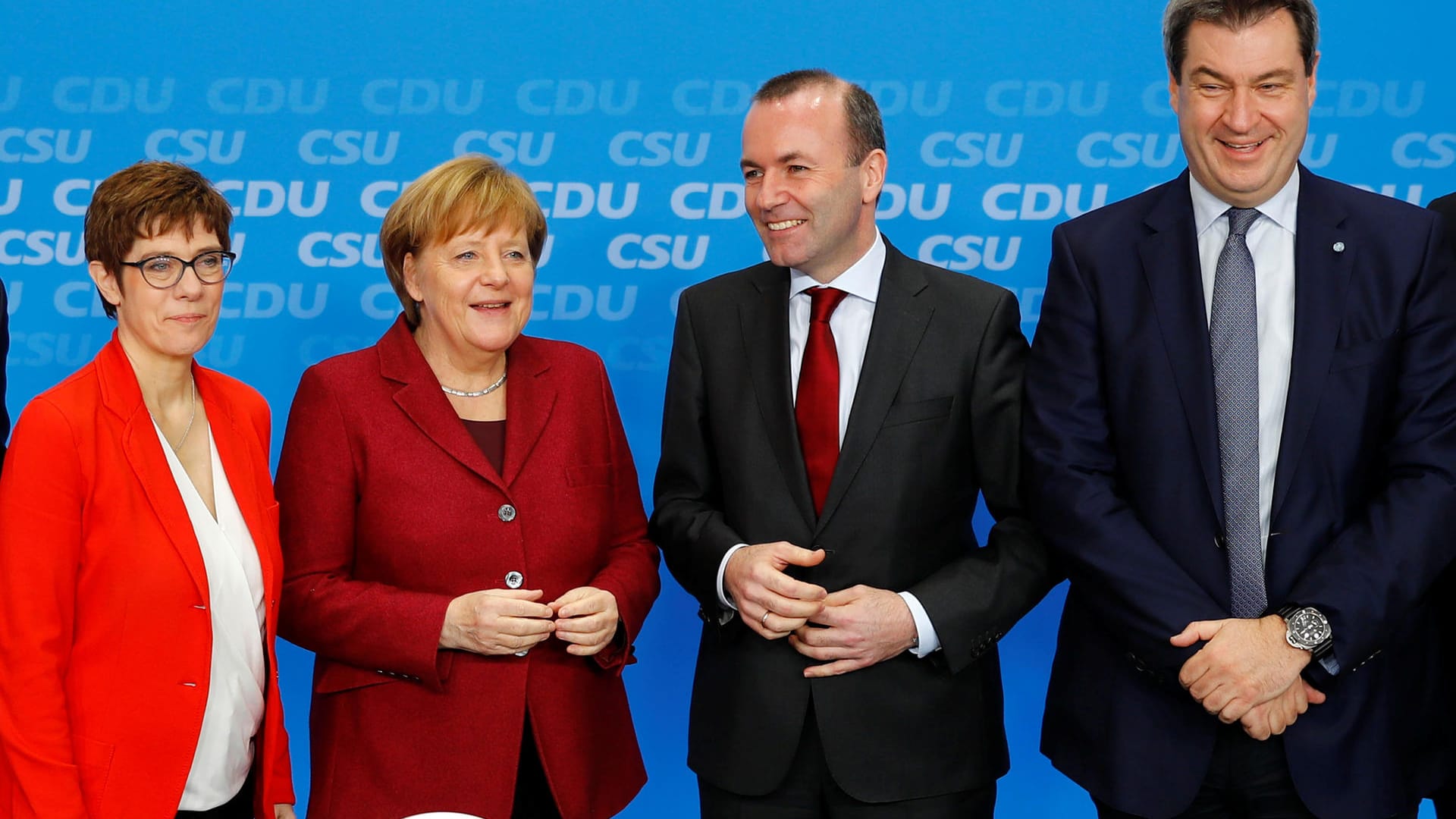 Treffen der Unionsschwestern in Berlin (v.l.): CDU-Chefin Annegret Kramp-Karrenbauer, Bundesklanzlerin Angela Merkel, EVP-Spitzenkandidat Manfred Weber und CSU-Chef Markus Söder.