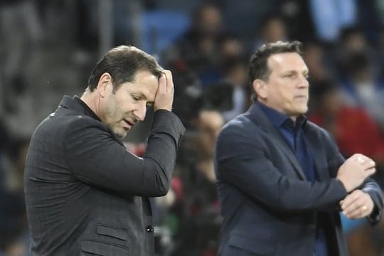 Bedient: Österreich-Coach Franco Foda (vorne) - dahinter Israels österreichischer Teamchef Andreas Herzog.