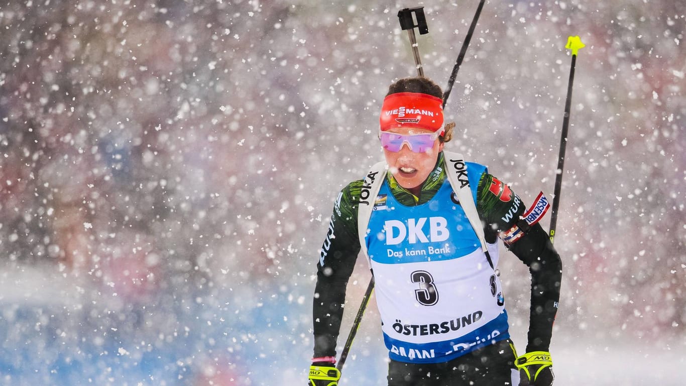 Karriereende möglich: Ob Laura Dahlmeier auch in der nächsten Saison (wie hier im Schneetreiben während des WM-Verfolgungsrennens in Östersund) an den Start gehen wird, ist offen.