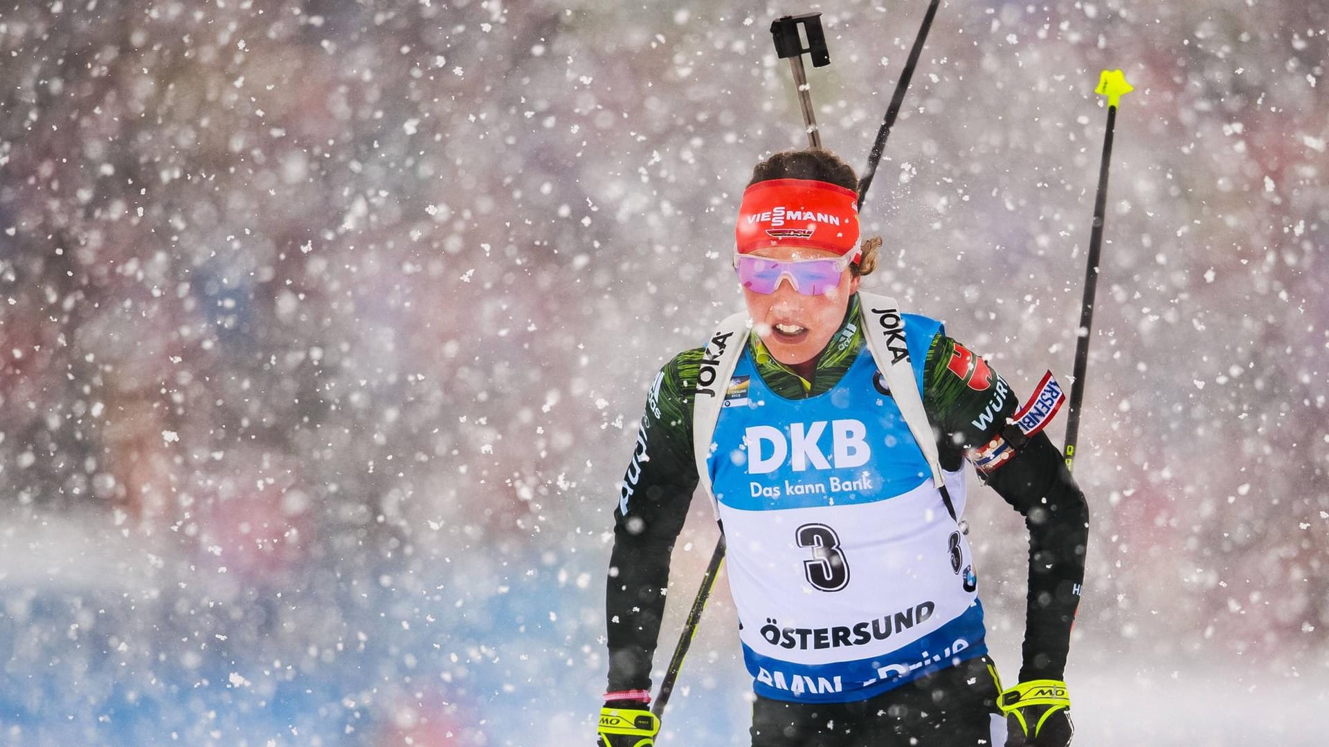 Karriereende möglich: Ob Laura Dahlmeier auch in der nächsten Saison (wie hier im Schneetreiben während des WM-Verfolgungsrennens in Östersund) an den Start gehen wird, ist offen.