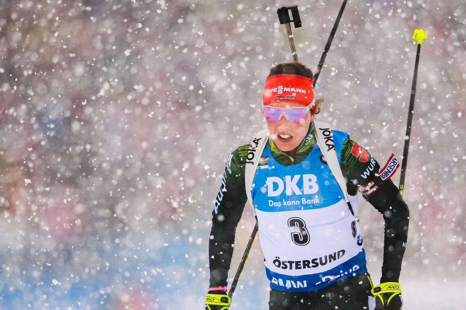 Karriereende möglich: Ob Laura Dahlmeier auch in der nächsten Saison (wie hier im Schneetreiben während des WM-Verfolgungsrennens in Östersund) an den Start gehen wird, ist offen.