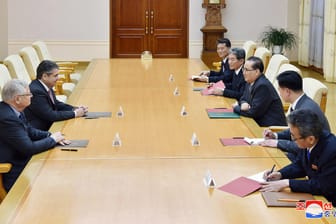 Ex-Außenminister Sigmar Gabriel (2.v.l.) und Ri Su-yong (Mitte r.) bei ihrem Treffen in Pjöngjang: Die Reise ist als privat deklariert.
