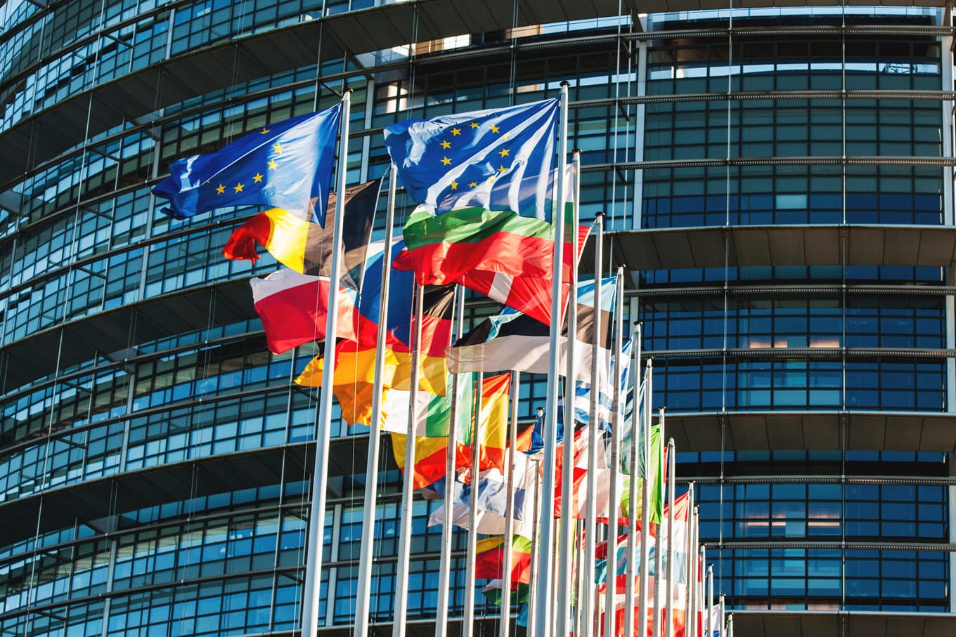 EU flags in front of Parliament waving in wind