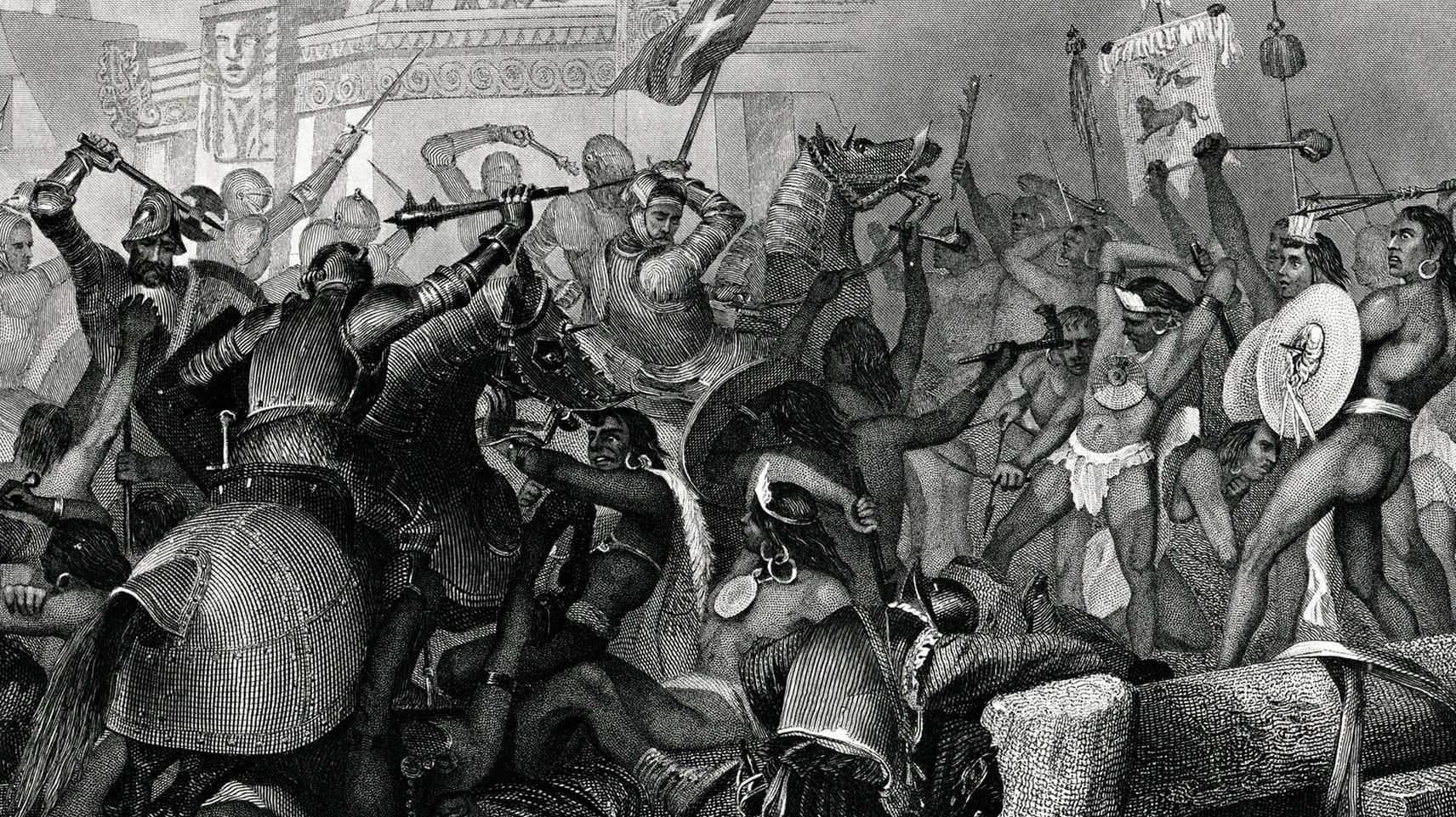 Eine Gravur zeigt die Eroberung der Azteken-Hauptstadt Technotitlan durch den Conquistador Hernan Cortez: Der spanische Eroberer ließ die Stadt im Jahr 1521 völlig zerstören. Eine Gravur zeigt die Eroberung der Azteken-Hauptstadt Technotitlan durch den Conquistador Hernan Cortez: Der spanische Eroberer ließ die Stadt im Jahr 1521 völlig zerstören.