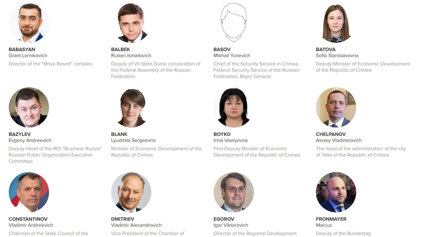 Screenshot von der Seite der Veranstalter: Den Angaben sind zwei hochrangige FSB-Mitarbeiter unter den Organisatoren – auch der FSB-Chef für die Krim, Leonid Mikhailyuk.