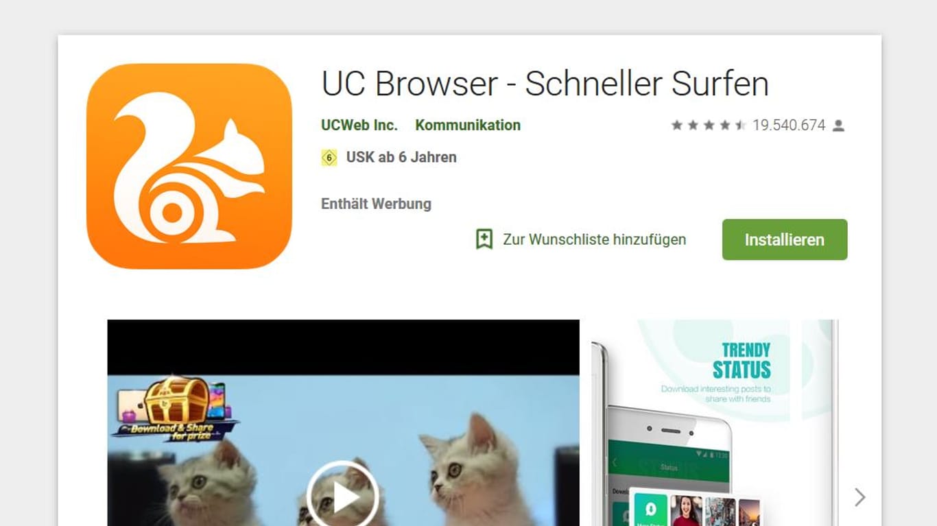 Ein Screenshot des "UC Browser" im Google Play Store: Sicherheitsexperten warnen vor einer Sicherheitslücke im Browser.