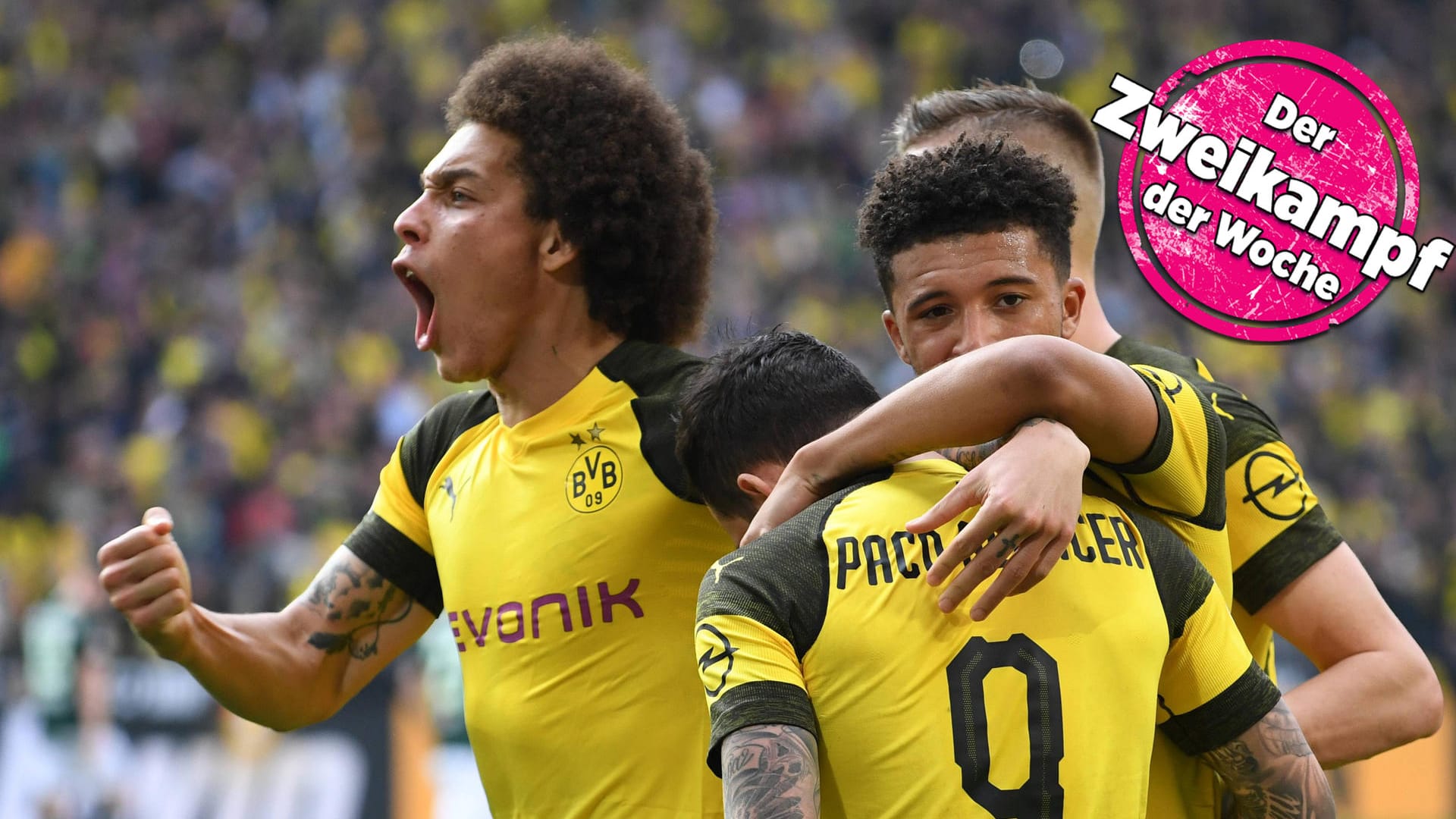 Erlösung gegen Wolfsburg: Dortmunds Axel Witsel, Paco Alcácer, Jadon Sancho.