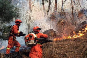 Chinesische Feuerwehrleute im Einsatz: Die Löscharbeiten wurden von einem Windrichtungswechsel erheblich beeinträchtigt.