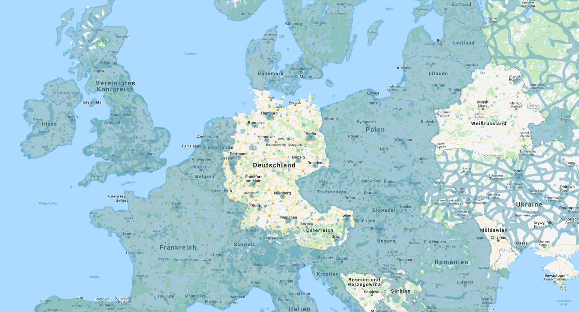 Weißer Fleck Deutschland: die "Street View"-Abdeckung in Europa. Österreich ist im vergangenen Jahr dazu gekommen und wird ausgebaut.