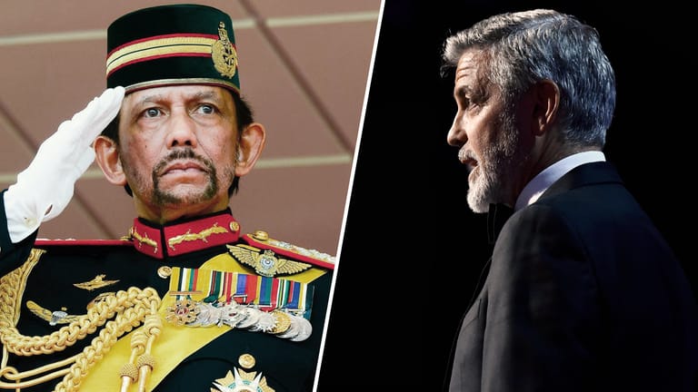 Hollywood-Star George Clooney setzt sich an die Spitzes des Protests und fordert, die Hotels des Sultans zu boykottieren.