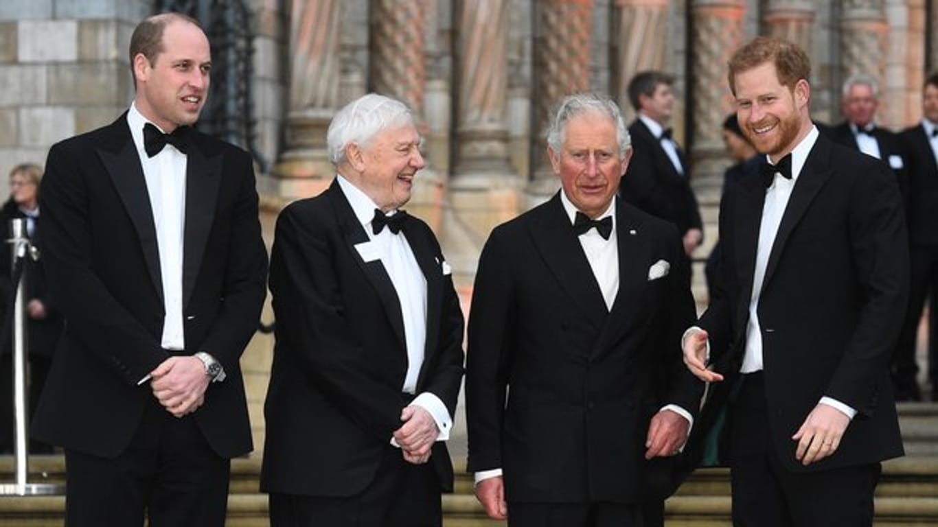 Prinz William, Sir David Attenborough, Prinz Charles und Prinz Harry bei der Weltpremiere der Netflix-Serie "Unser Planet" im Naturkundemuseum in Kensington.