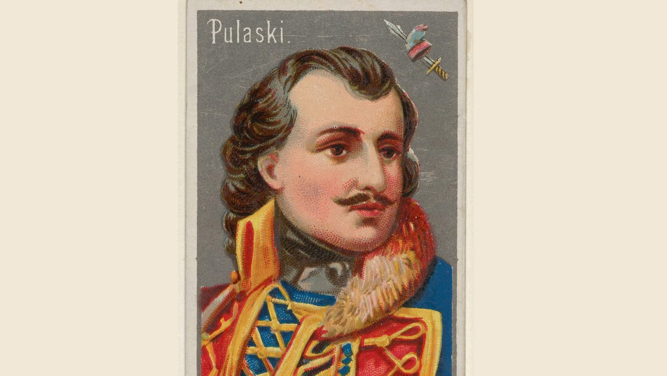 Eine Zeichnung Casimir Pulaskis auf einer Zigarettenschachtel aus dem Jahr 1888: Der General kämpfte an der Seite von George Washington im amerikanischen Unabhängigkeitskrieg.
