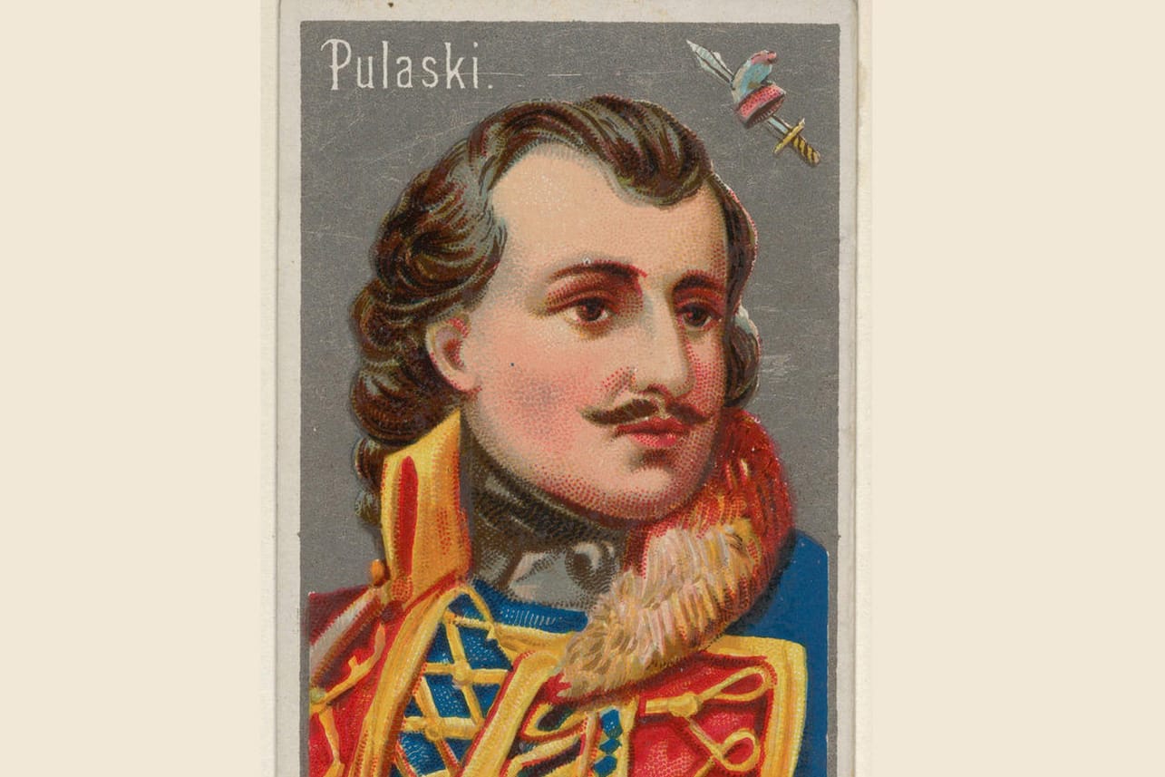 Eine Zeichnung Casimir Pulaskis auf einer Zigarettenschachtel aus dem Jahr 1888: Der General kämpfte an der Seite von George Washington im amerikanischen Unabhängigkeitskrieg.