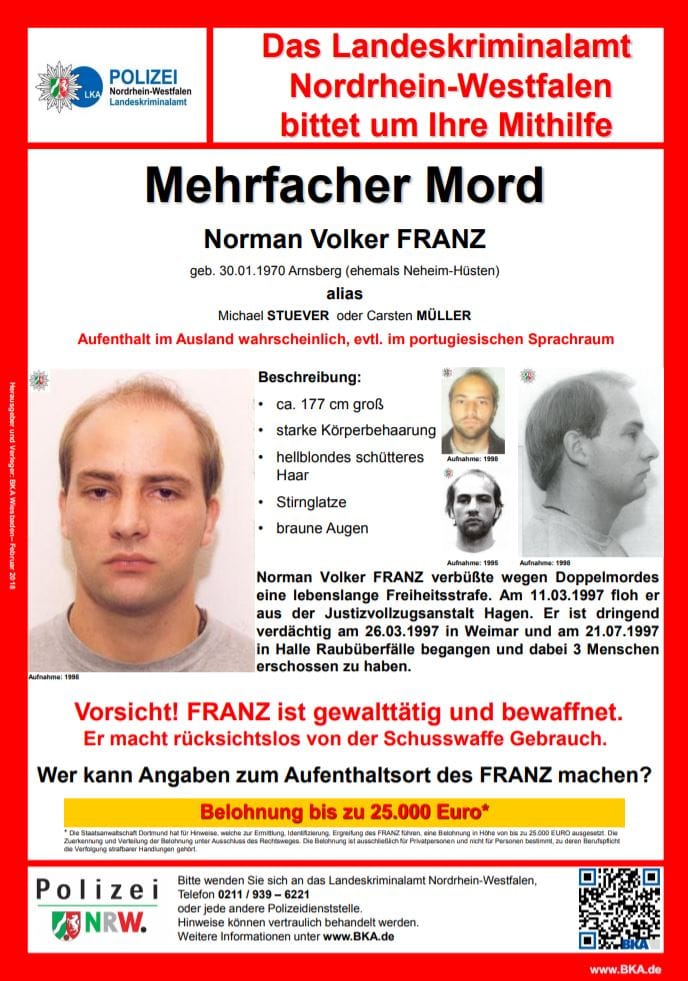 Fahndungsplakat von Norman Volker Franz: Für seine Festnahme wird eine Belohnung bis zu 25.000 Euro ausgesetzt.