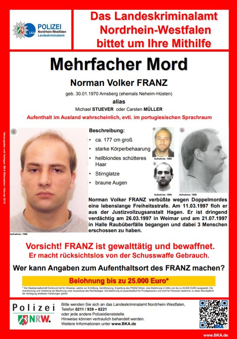 Fahndungsplakat von Norman Volker Franz: Für seine Festnahme wird eine Belohnung bis zu 25.000 Euro ausgesetzt.