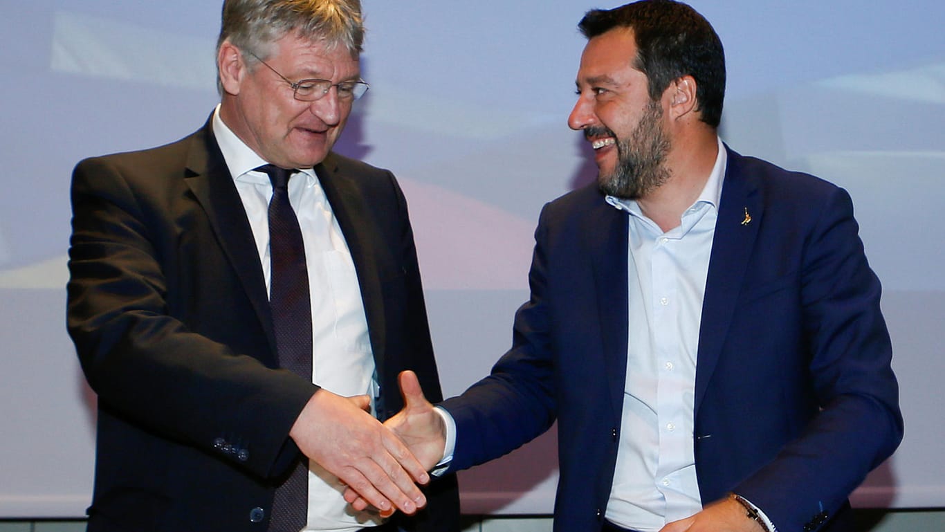 AfD-Chef Meuthen mit Italiens Vize-Ministerpräsident Matteo Salvini in Mailand: Gemeinsam mit anderen rechtspopulistischen Parteien wollen AfD und Lega zukünftig eine Fraktion im Europaparlament bilden.