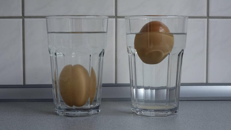 Eier im Frischetest: Sinkt das Ei zu Boden, ist es frisch. Steigt das Ei auf, sollten Sie es nicht mehr essen.