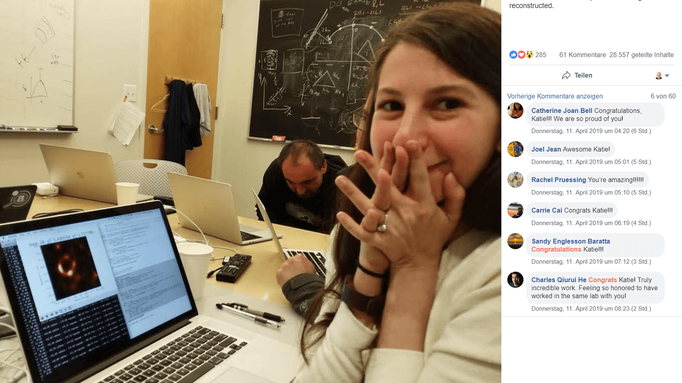 Das Loch zeigt sich: Katie Bouman, als sich auf ihrem Rechner das Bild aufgebaut hatte, das weltweit Schlagzeilen macht.