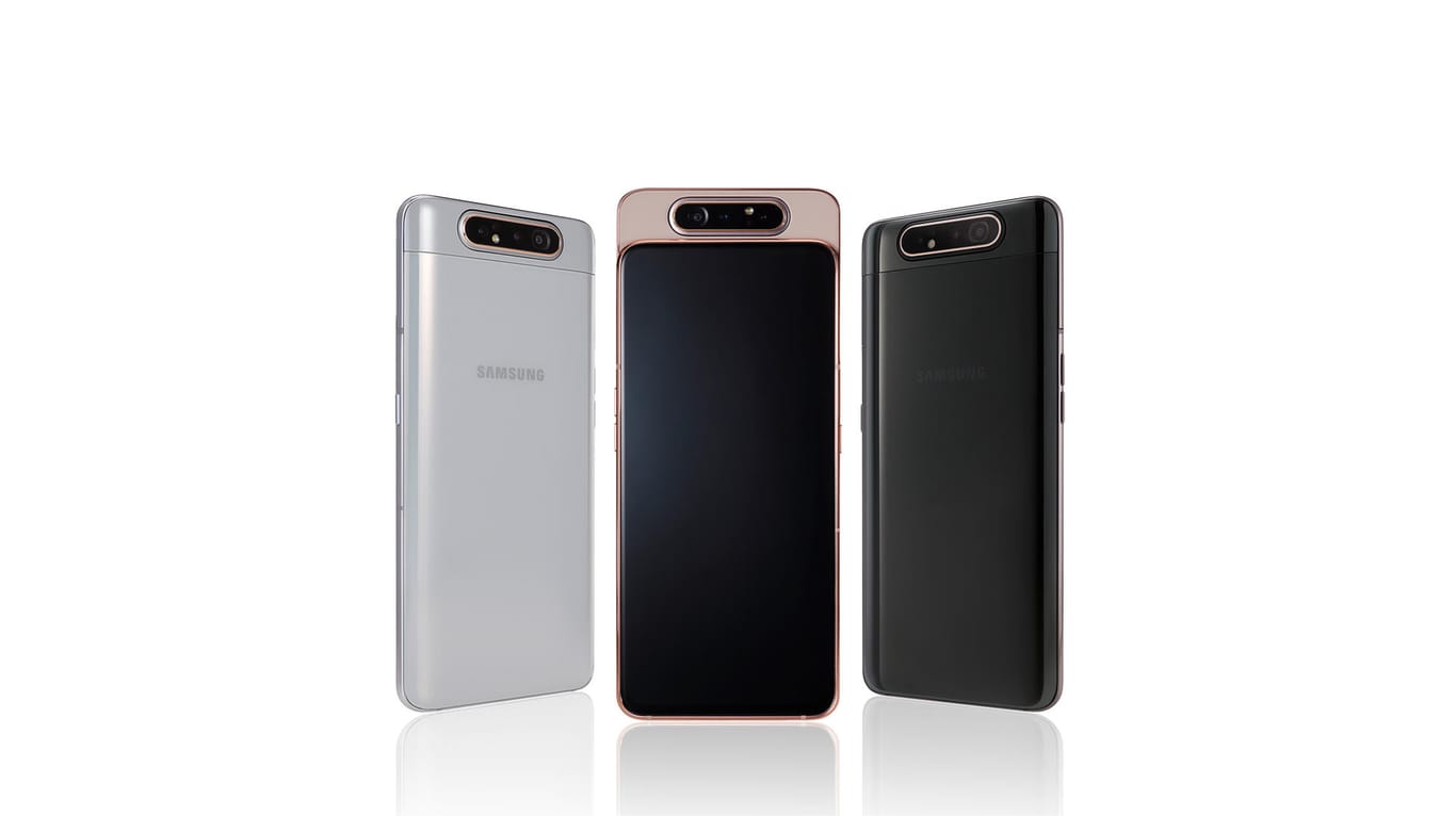 Das neue Samsung A80 in drei Farben: Ab Mai ist das Gerät aus dem Markt, der Preis ist allerdings noch nicht bekannt.