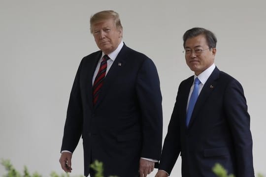 US-Präsident Donald Trump empfängt seinen südkoreanischen Amtskollegen Moon Jae In (r) im Weißen Haus.