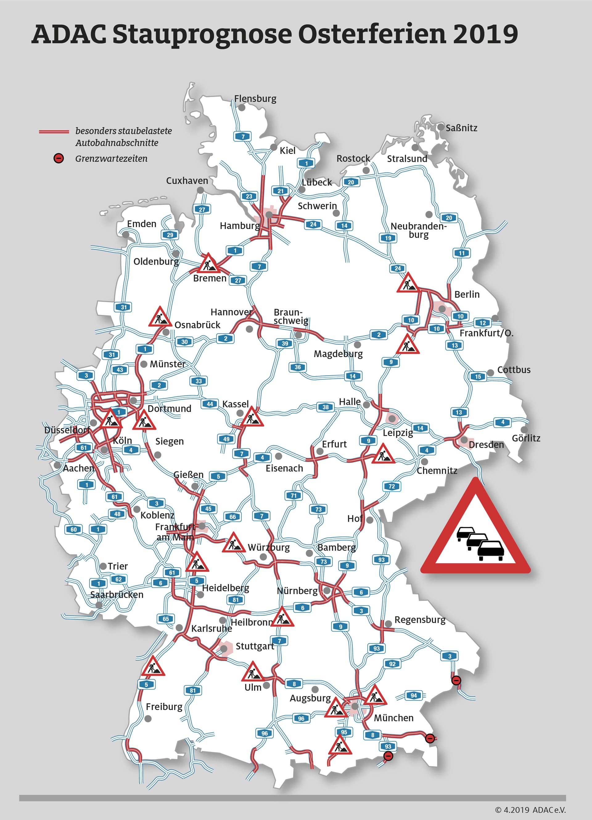 Deutschlandkarte: Die Grafik zeigt die Stausituation in den Osterferien.