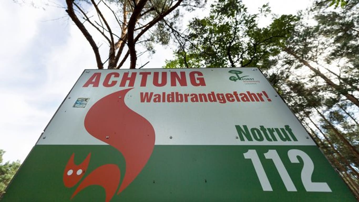 Eine Info-Tafel warnt im brandenburgischen Halbe vor Waldbrandgefahr.