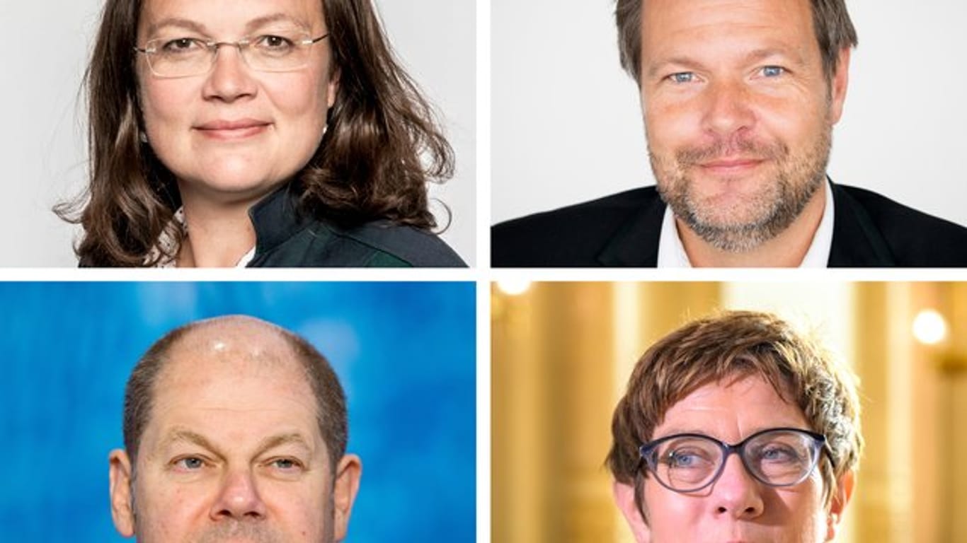 Die Bildkombo zeigt Andrea Nahles (SPD), Robert Habeck (Bündnis 90/Die Grünen), Olaf Scholz (SPD) und Annegret Kramp-Karrenbauer (CDU).