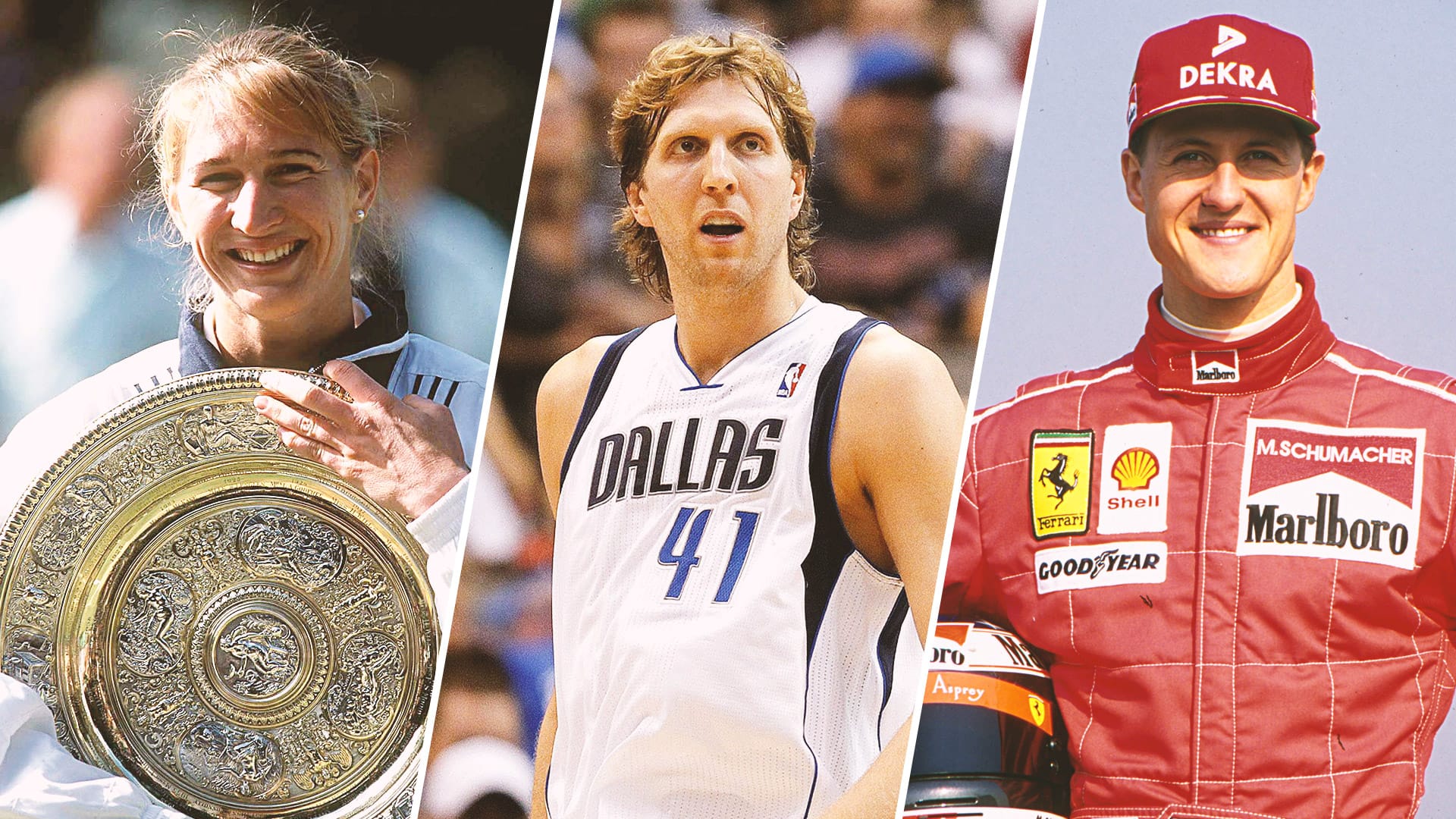 Die Top drei der t-online.de-Leser (v. l.): Steffi Graf, Dirk Nowitzki und Michael Schumacher.