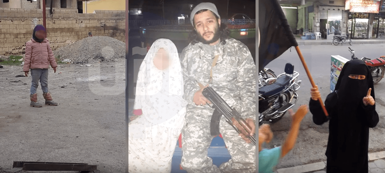 Wenige Wochen im Kalifat: Die Tochter der IS-Braut ist auf den ersten Fotos nur mit Hijab zu sehen, dann mit einem weißen Dschilbab neben ihrem unformierten Vater mit Waffe, schließlich mit Nikab und IS-Fahne.